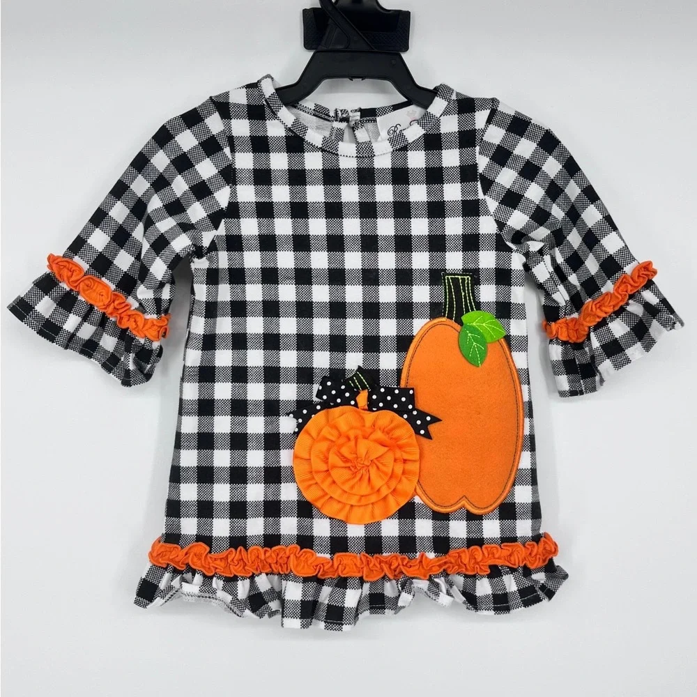 Rare Editions Pumpkin Tunic Leggings Set Girls 18M Black White Gingham‎ Ruffle